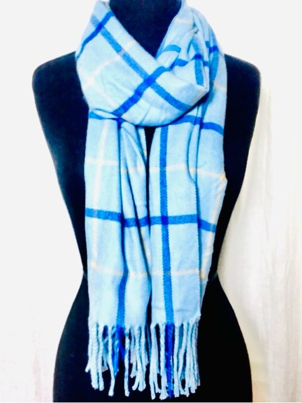 COACH Cashmere Wool Plaid Fringe Muffler Sky Blue Scarf